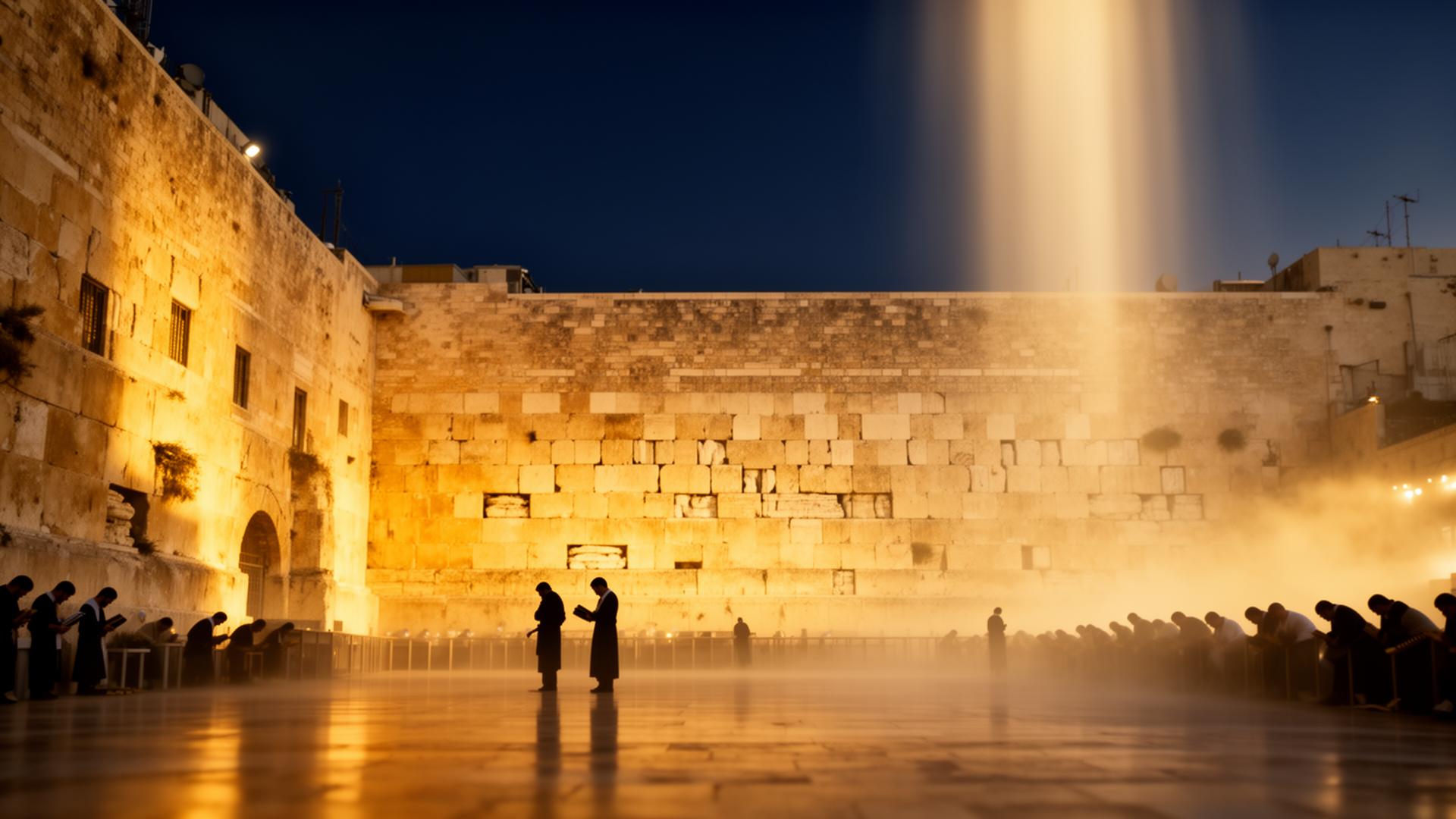 The Kotel at golden hour with rays of light